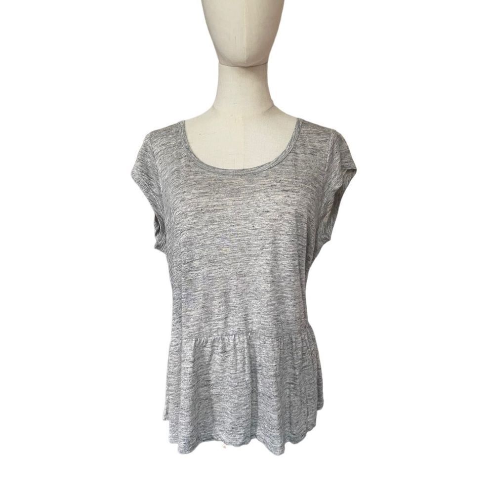 Joie Women's Top Gray Short Sleeve Scoop Neck 100% Linen Peplum Hem Pull…​​​